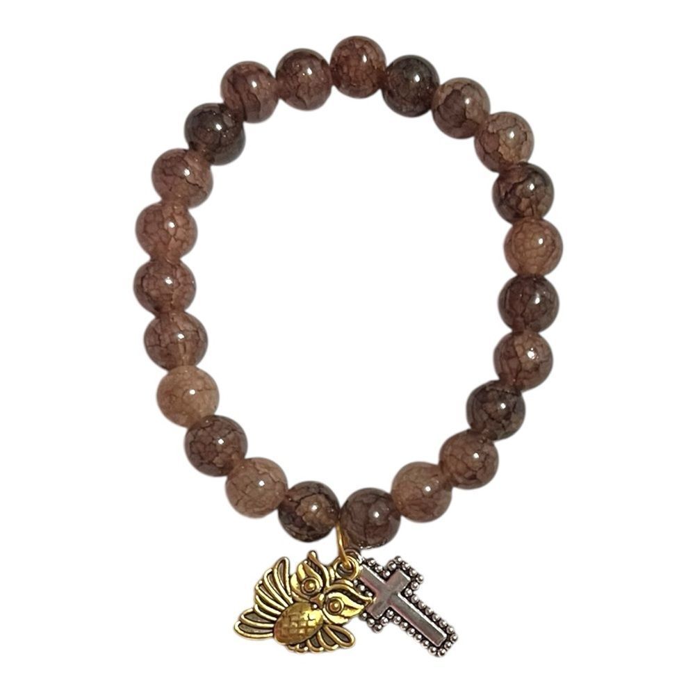 Natural Brown Stone Beaded Stretch Bracelet with Owl and Cross Charms